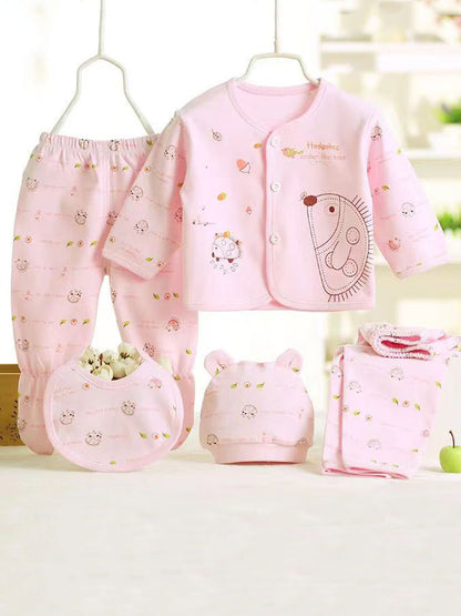5pcs Baby 0-3m Set, All-Season Casual Outfits for Boys and Girls, Newborn Clothes, Girls' Pants and Baby Hat with Drool Bib, Baby Shower Essentials, for Outdoor