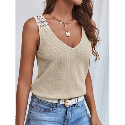Women's Waffle Knit V-Neck Tank Top - Sleeveless Lace Trim Vest for Summer | Premium Casual Wear