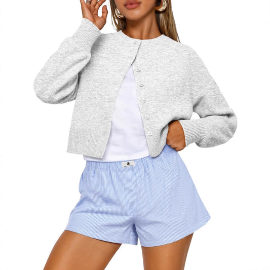 Buttoned Long-sleeve Crew-neck Solid-color Cropped Knit Sweater