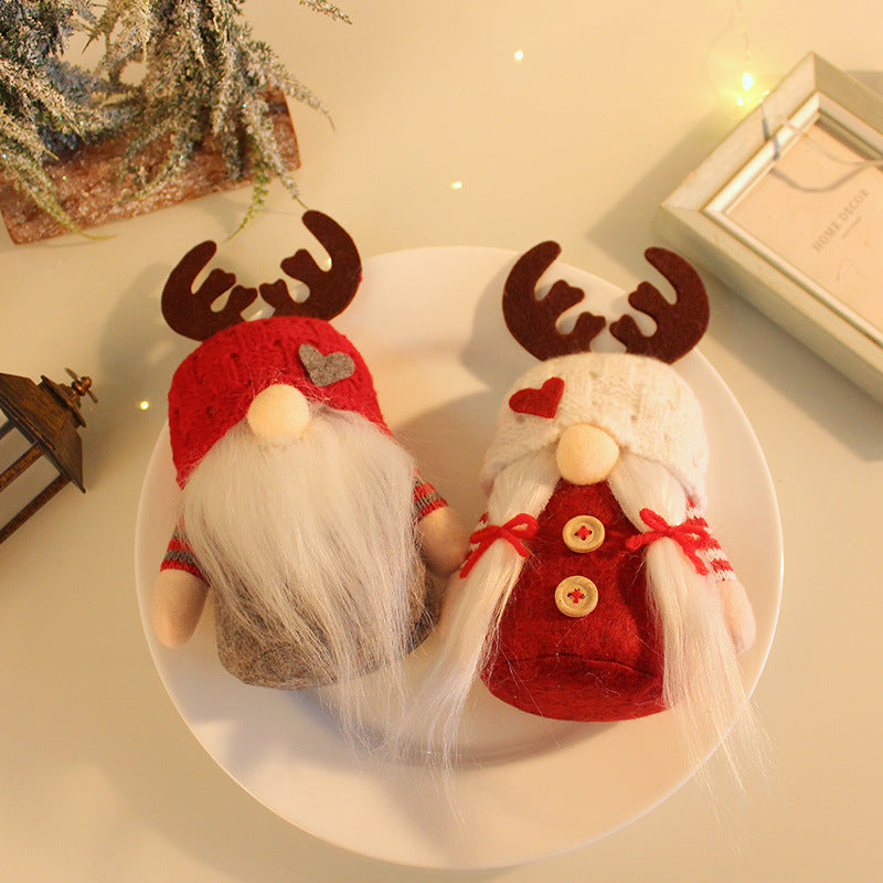 Handmade Scandinavian Christmas Gnome - Rudolf Reindeer Faceless Doll with Knitted Hat & Antlers | Nordic Holiday Table Decoration