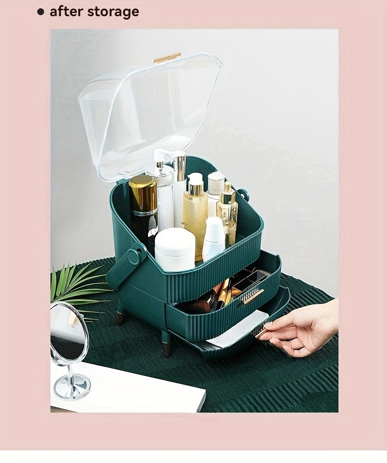 1pc Plastic Cosmetic Storage Box, Lightweight, Tension Mount, Multi-functional with Cover & Drawer, Waterproof & Dust-proof, for Bathroom & Desktop Makeup Organizer