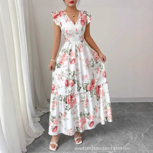 Women's Fashionable Elegant And Sophisticated Printed Dress With Ruffled Sleeves