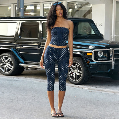 Womens Tube Top Polka Dot Top And Cropped Pants Set