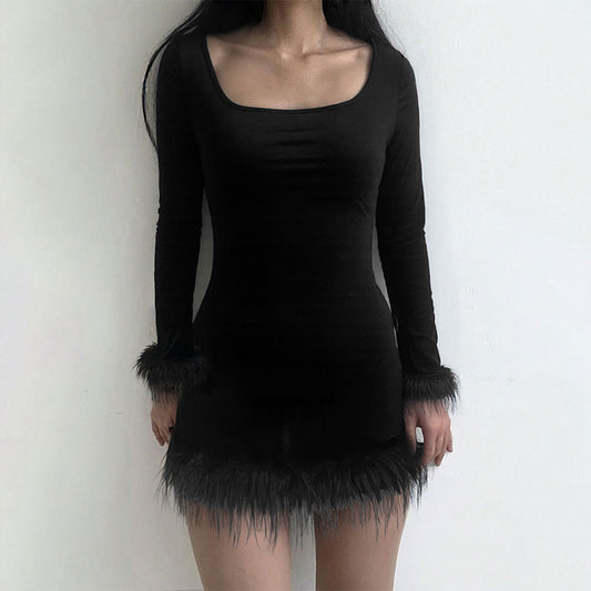 Women's Solid-color Knitted Waist-cinching Long-sleeve Dress