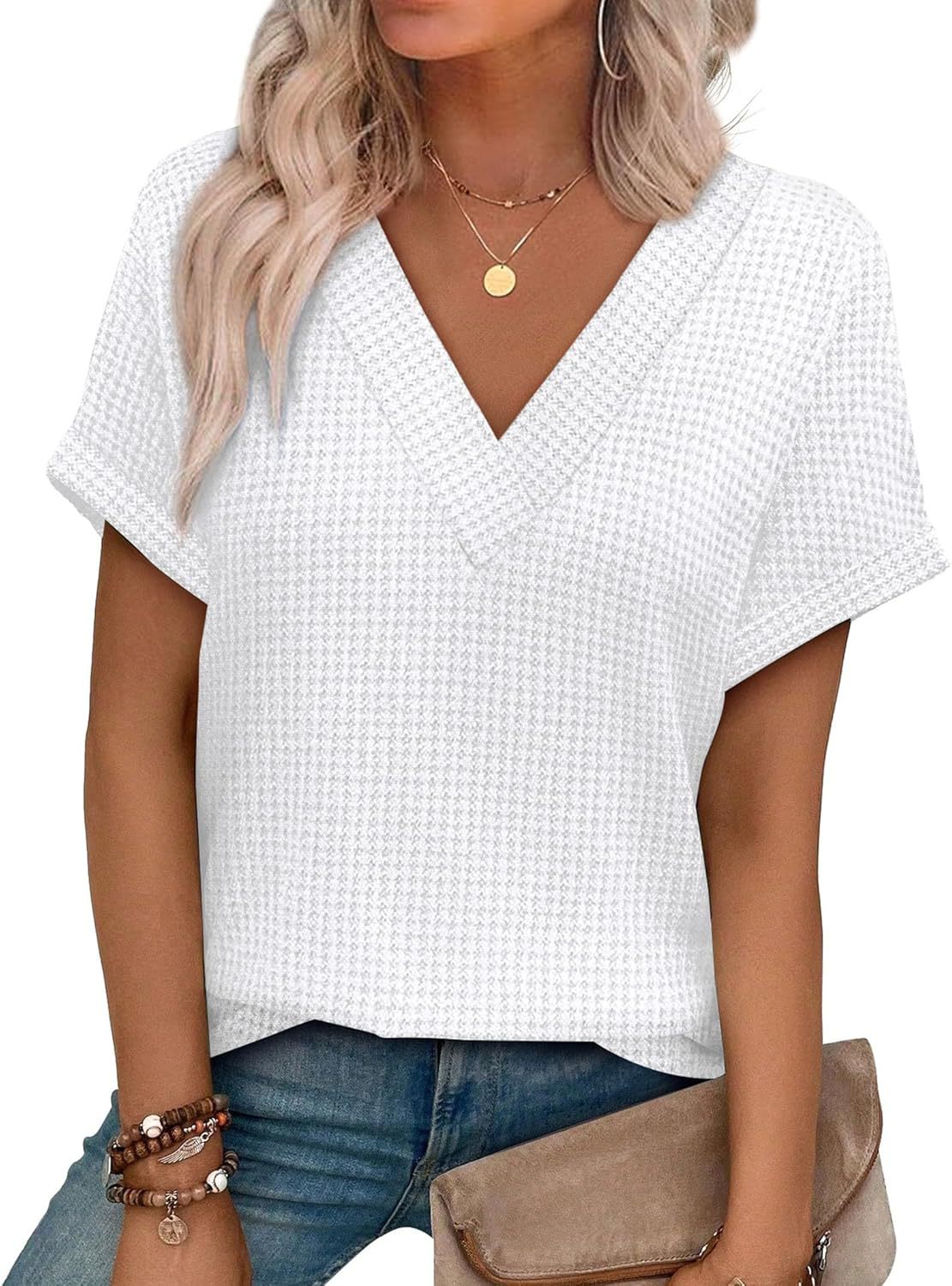 Casual Striped Textured Short-Sleeve Arrival V-Neck Knitted T-Shirt