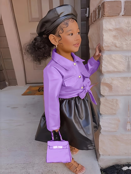 Vibrant Color Block PU Leather Dress for Girls - Stylish Button Lapel Design, Adjustable Belt, and Comfortable Fit for Kids' Everyday Wear