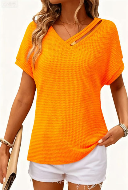 Waffle-knit Short-sleeve V-neck Women's Fashion Casual