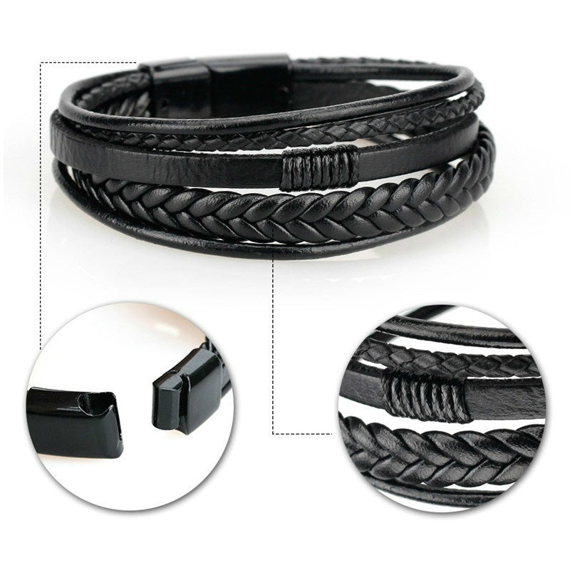 1pc Men's Hand-Woven Multi-Layer Leather Bracelet with Buckle Closure - Stylish Faux Leather Cuff, Durable & Versatile Accessory for Casual or Formal Wear