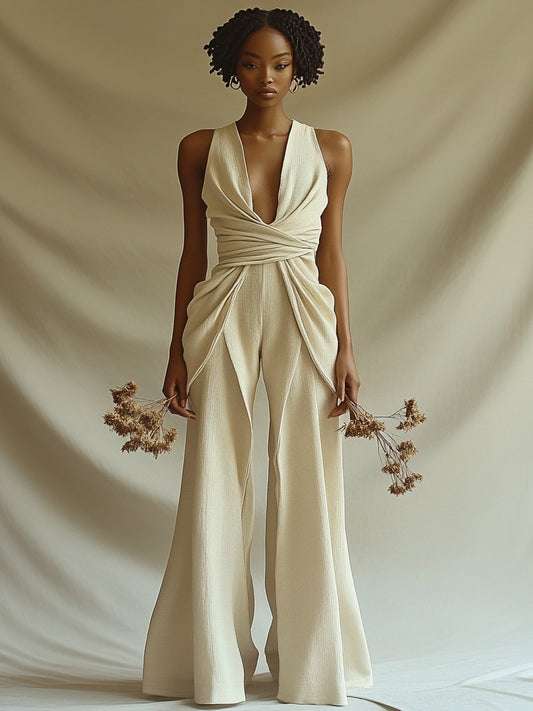 Apricot V-neck Sleeveless Pleated Jumpsuit