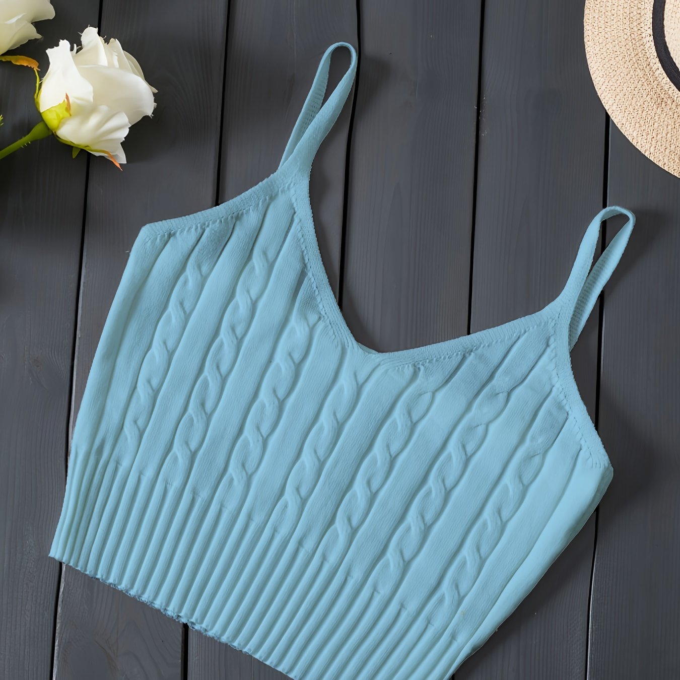 Valentine's Day Knitted Cami Crop Top, Versatile Sleeveless Casual Top For Spring & Summer, Women's Clothing