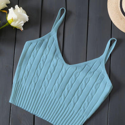 Valentine's Day Knitted Cami Crop Top, Versatile Sleeveless Casual Top For Spring & Summer, Women's Clothing