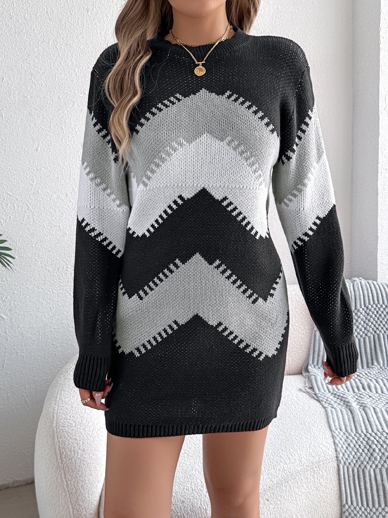 Women Casual Color Block Lantern Sleeve Sweater Dress