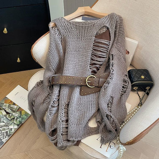 American-style Retro Hollow-out Long-sleeve Sweater With Belt