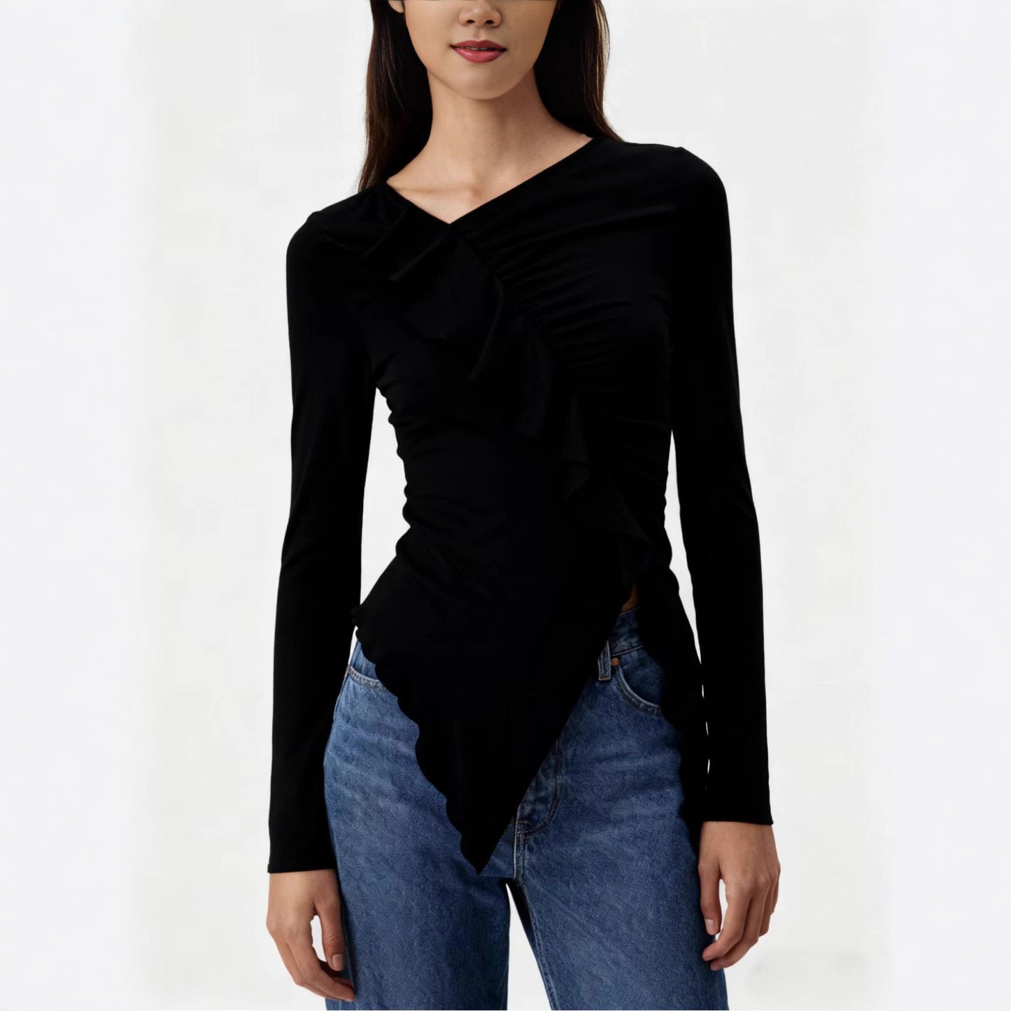 Pleated Ruffled Edge Square Neck Long Sleeve Base Shirt