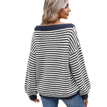 New Stylish Boat-neckline Knit Sweater Striped Contrast-color Sweater