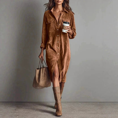 Turn-Down Collar Buttons Chic Casual Dress, Women Spring Autumn Solid Simple Party Dress, Long Sleeve Holiday Ladies Dress