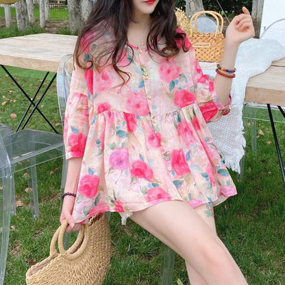 Doll-collar Top Summer New Arrival Loose-fit Vintage Puff-sleeve Blouse