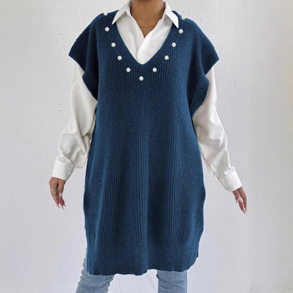 Preppy Style Casual Vest Dress V-neck Beaded Loose