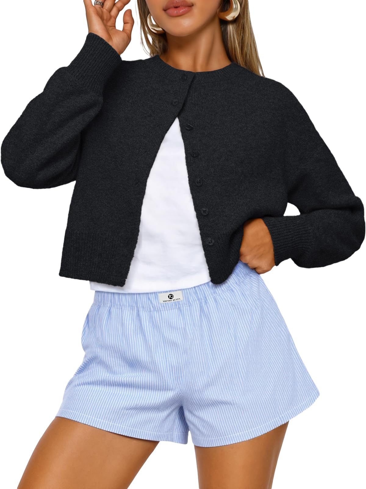 Buttoned Long-sleeve Crew-neck Solid-color Cropped Knit Sweater