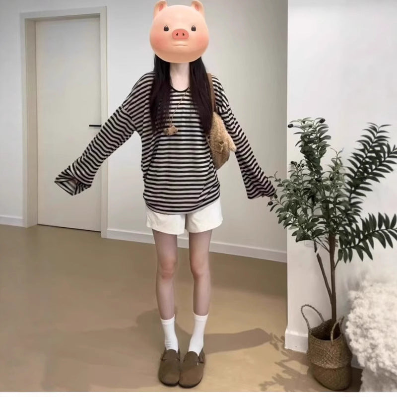 Sun Protection Loose Long Sleeve Women's Striped Mid-length Top