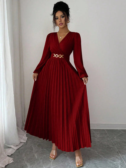 Women's Solid-color Casual Chic V-neck Dress