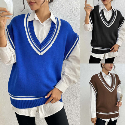 Environment European And American Women's Clothing Color Matching Casual Wool Vest Sweater
