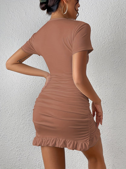 Elegant V-Neck Bodycon Dress for Women, Short Sleeve, Ruffled Hem, High-Elasticity Knit Fabric, Perfect for All Seasons