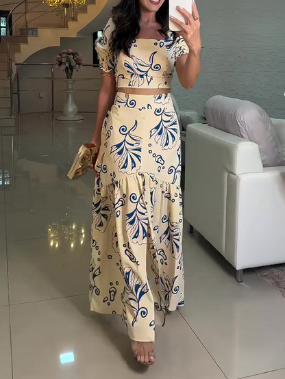 Holiday Print Short Sleeve Top & Elastic Waist Skirt Set