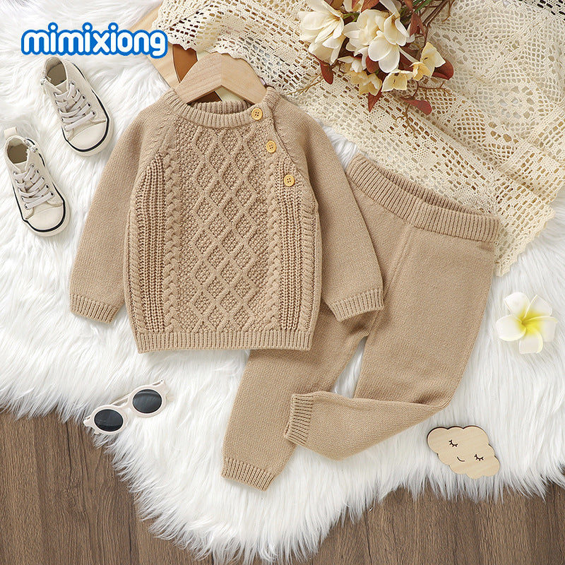 Baby Knitted Solid-Color Diamond-Shape Top Pants Set