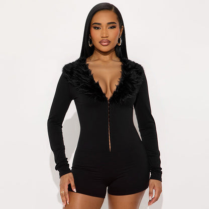 Black Faux Fur-trimmed, Figure-flattering, Long-sleeved Bodysuit