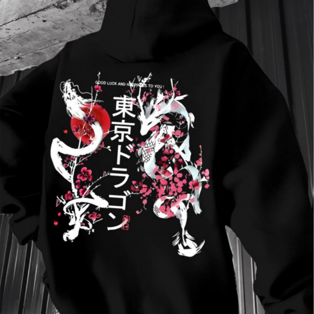 Japanese-style Pattern Hoodie, Light Gray Pullover
