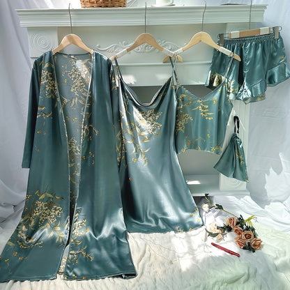 Women's Cherry Print Pajama Set - Elegant V-Neck Sleepwear with Suspender Shorts & Skirt