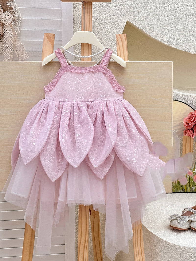 Girl's Summer Flower Strap Dress Children's Super Fairy Petal French High-end Birthday Princess