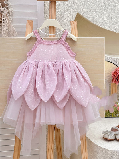 Girl's Summer Flower Strap Dress Children's Super Fairy Petal French High-end Birthday Princess