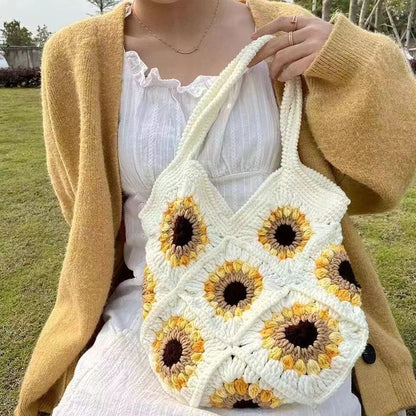 Hand-woven Bag Wool Crochet Cute Sunflower Since Shoulder Tote