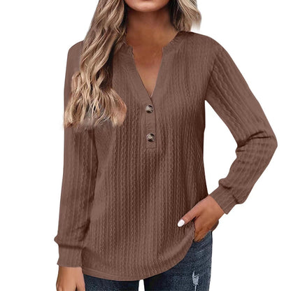 Women's Solid-color Long-sleeve V-neck Button T-shirt Top