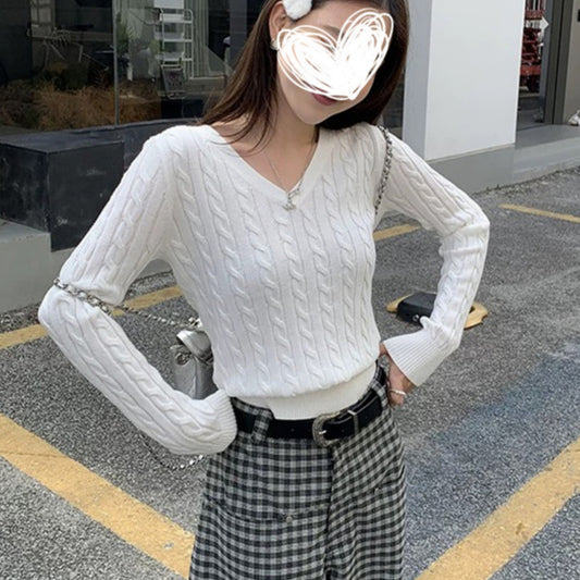 Women's Clothing Is Super Stylish With A High-end Simple And Versatile Cable-knit V-neck Sweater