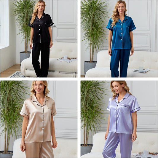 Summer Minimalist Casual Faux-silk Short-sleeve Shirt And Trousers