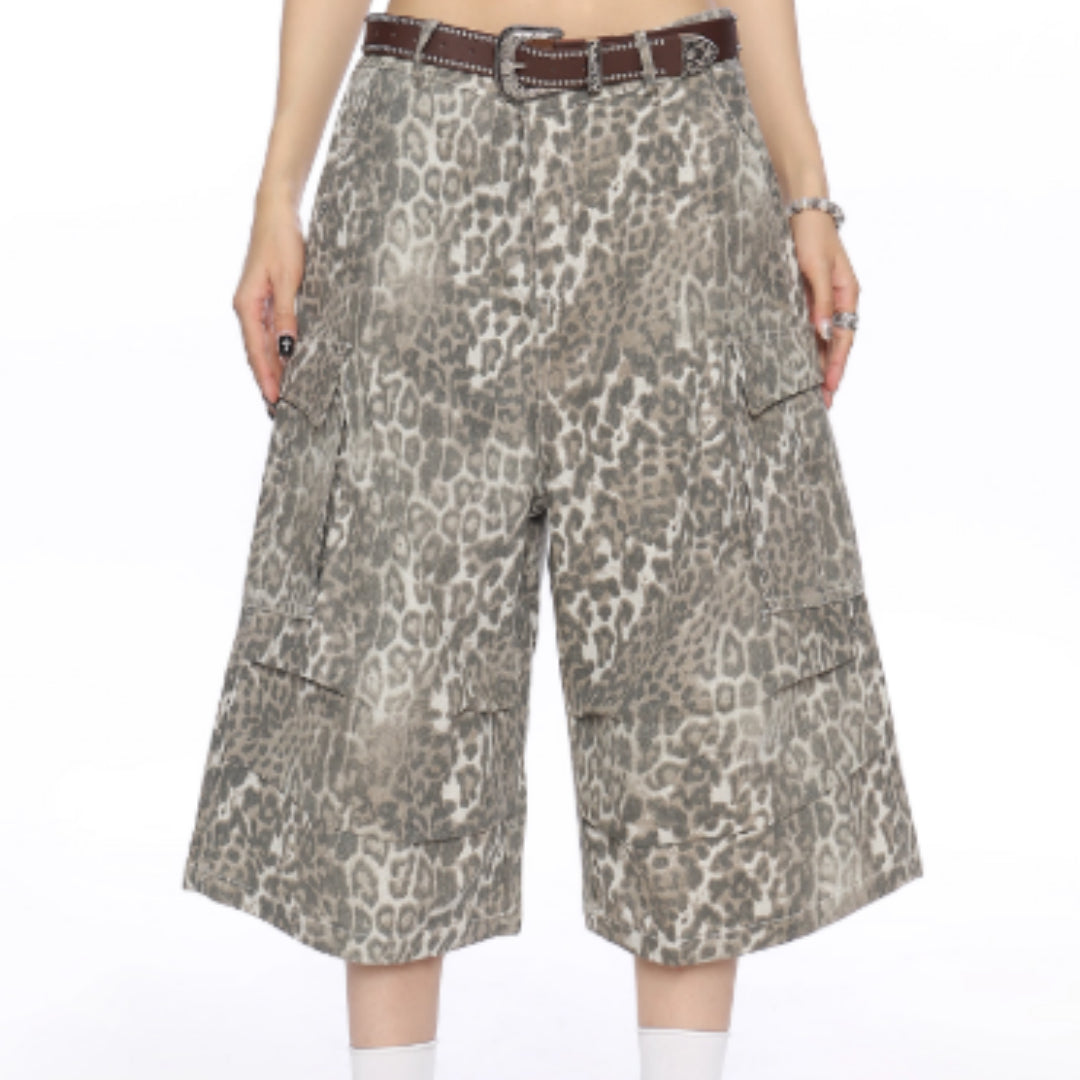 Leopard Print Cargo Denim Capri Pants For Women Summer