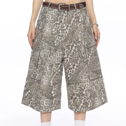 Leopard Print Cargo Denim Capri Pants For Women Summer