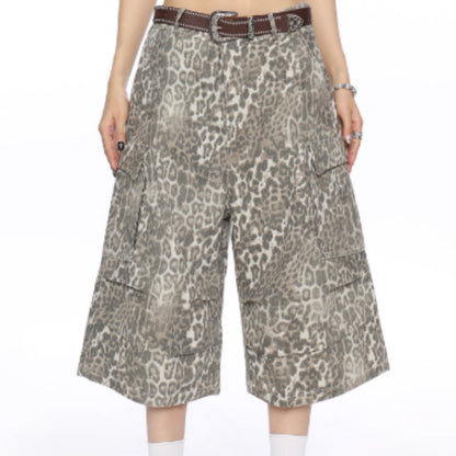 Leopard Print Cargo Denim Capri Pants For Women Summer