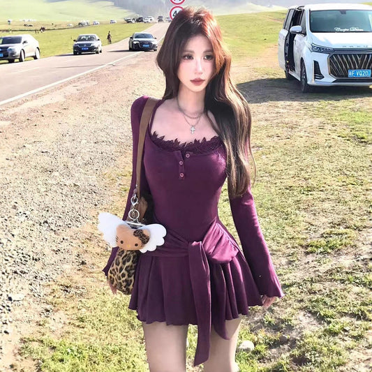 Fashionable Street-style Outfit Coat Suspender Dress For Sassy Girls