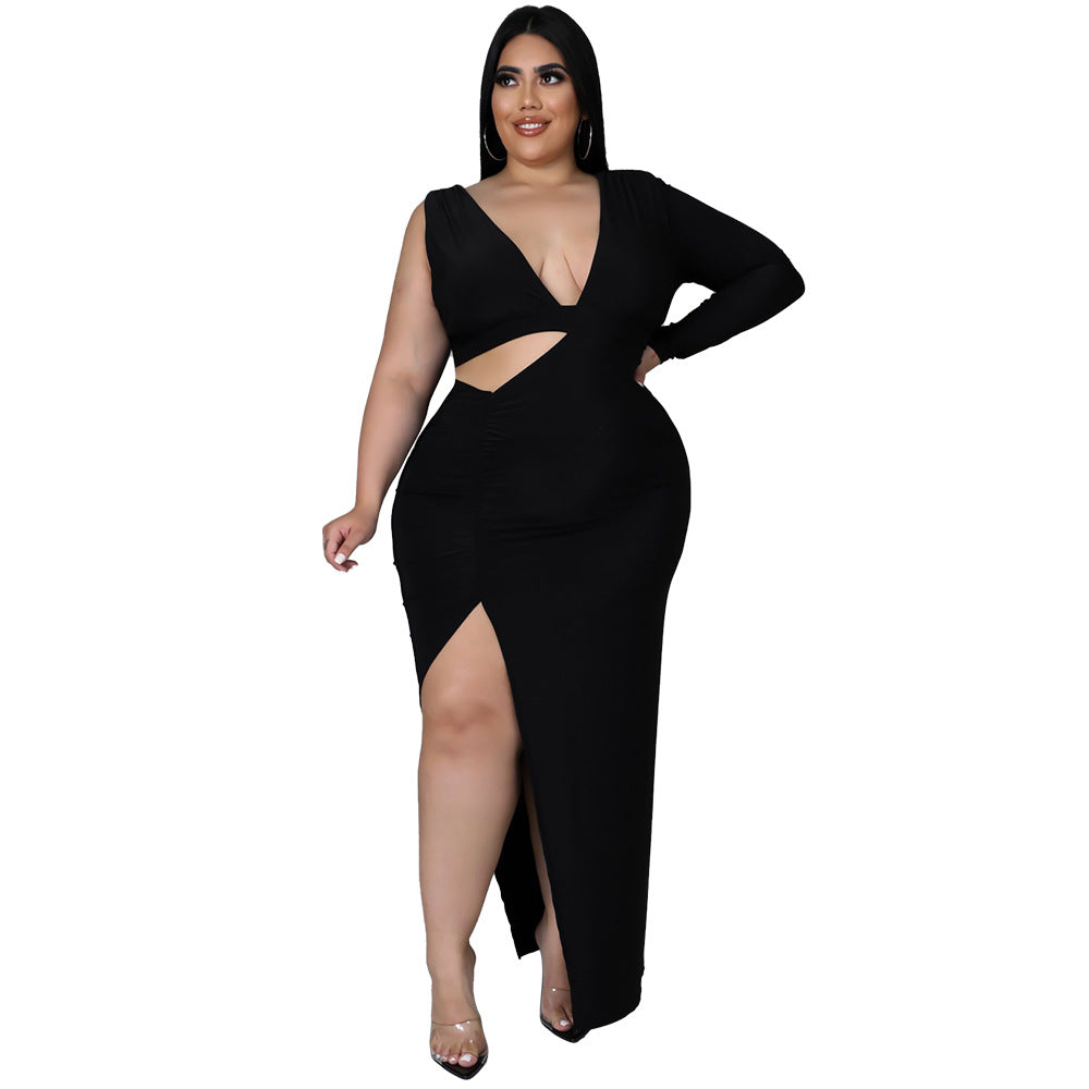 Solid-color Single-sleeve Sexy Hollow-out Maxi Dress