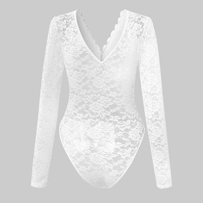 Sexy Solid-Color Lace Long-Sleeve Sheer Bodycon Jumpsuit