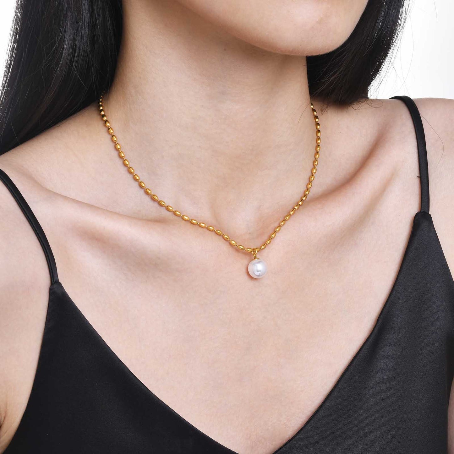 New Titanium Steel 18K Gold Milgrain Pearl Clavicle Necklace For Women