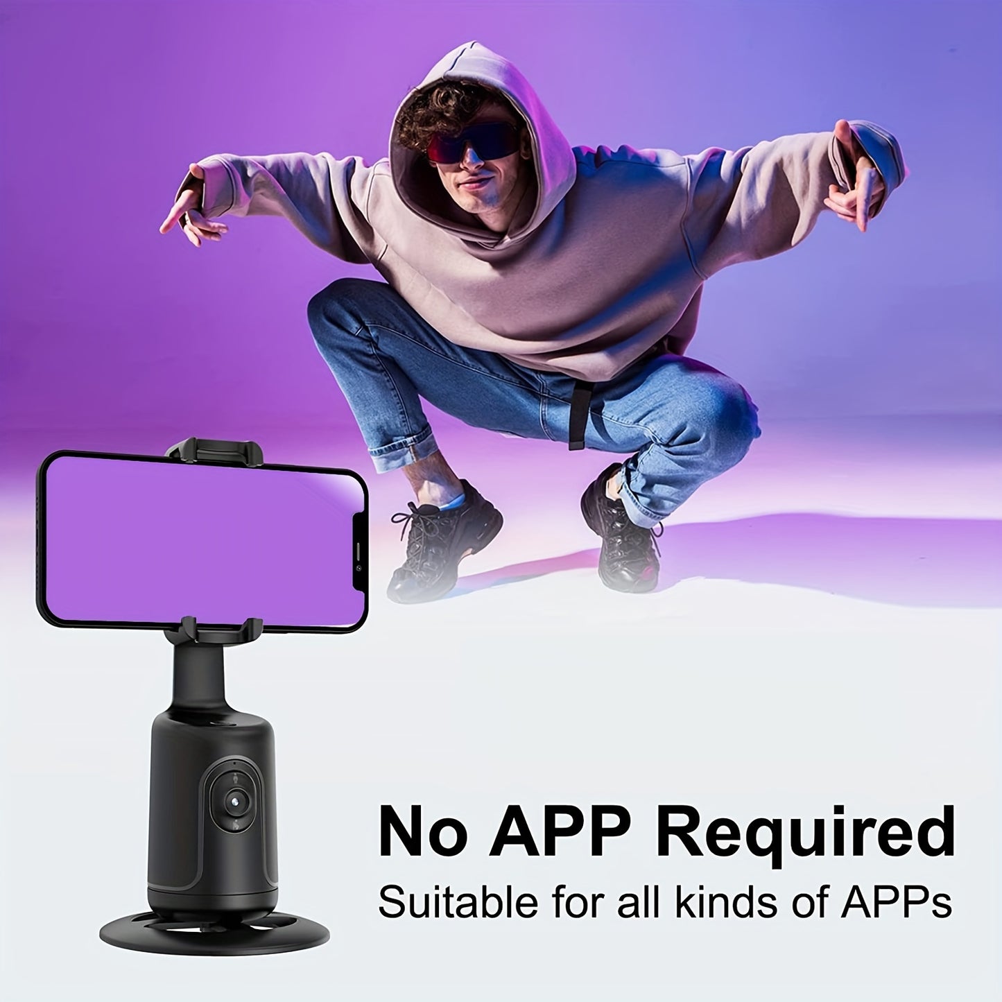 360° Auto-Tracking Smartphone Tripod - Hands-Free Face & Body Recognition - Wireless Rechargeable Holder for Live Streaming, Vlogging & Video Recording - Black