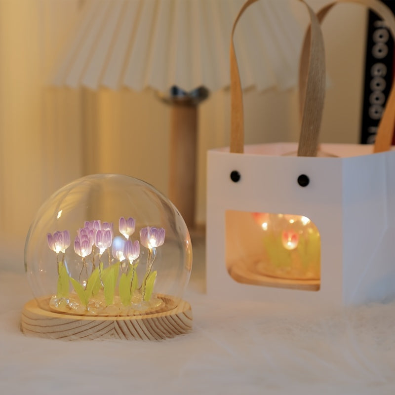 1pc Tulips Gifts For Women Flower Gifts For Her Gifts For Women Birthday Xmas Gift For Mom, Artificial Decor In Glass Dome With Led Light Night Light, Women Gifts For Her, Mom, Christmas Gift