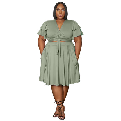 Women's New Arrival Ruffled Sleeve Lace-up Short Skirt With Pockets V-neck Plus-size Skirt Set