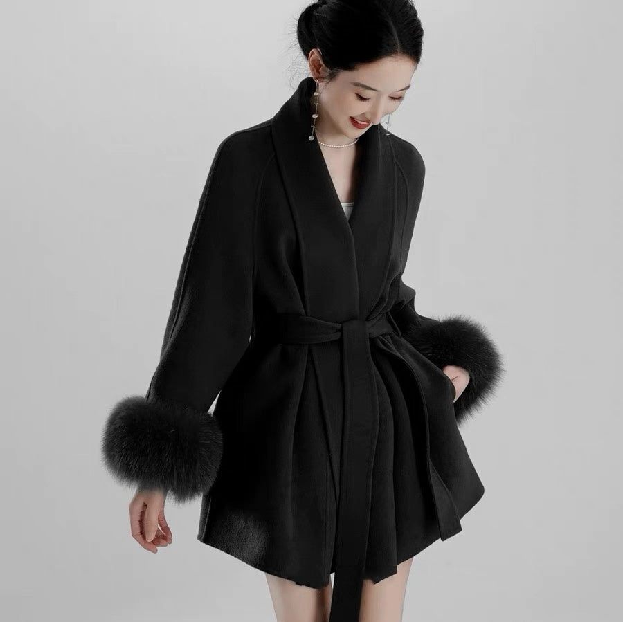 Women's Black Fox Fur Double-faced Cashmere Elegant Short Coat