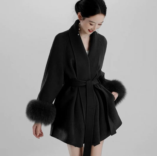 Women's Black Fox Fur Double-faced Cashmere Elegant Short Coat